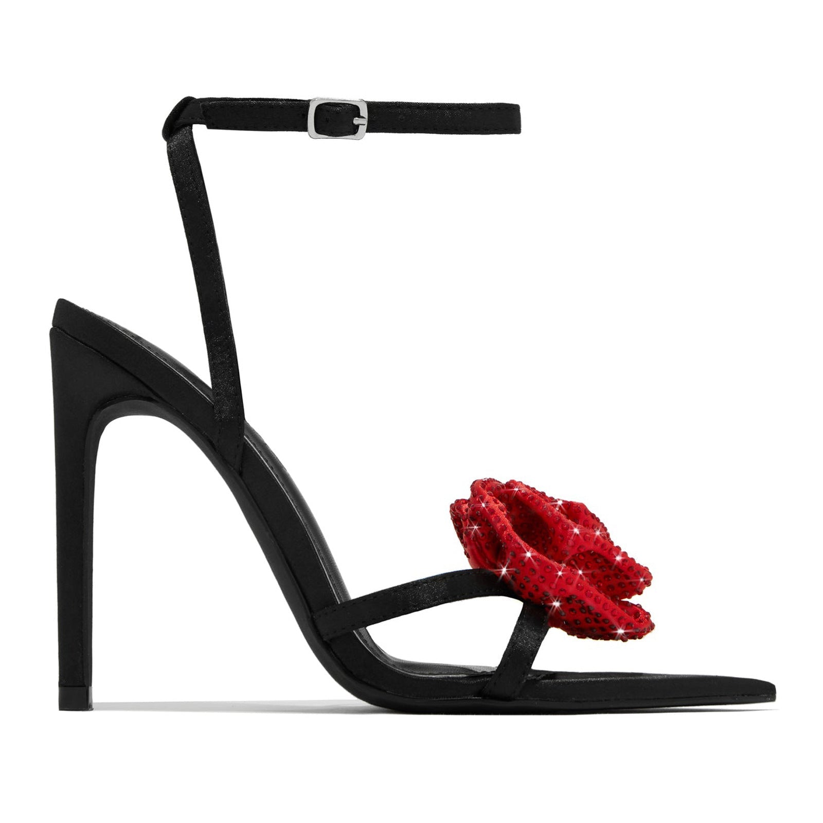 High Heel Sandals Women Heels Black Color 11cm Stiletto Heel Pointed Toe Satin Surface Rhinestone Floral Bella Mia